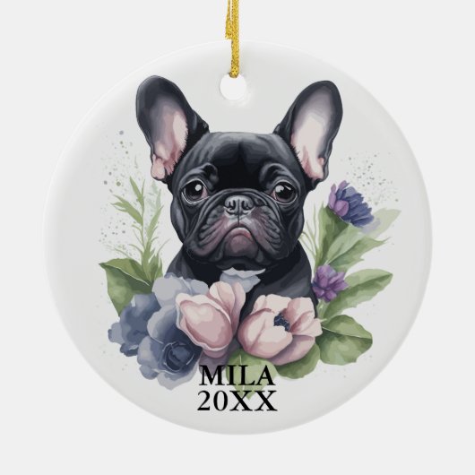 Custom Zwart Frenchie Pug Dog Waterverf Kerst Keramisch Ornament (Achterkant)