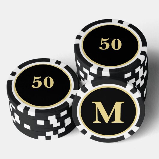 Custom Zwart Goud Monogram 50 Home Toernooi Game Poker Chips (Opstapeling)