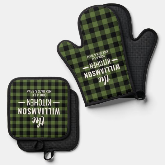 Custom Zwart Groen Buffel Lumberjack Plaid Ovenwant & Pannenlap Set (Voorkant / Achterkant)