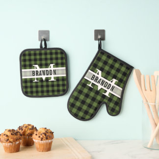 Custom Zwart Groen Buffel Lumberjack Plaid Ovenwant & Pannenlap Set