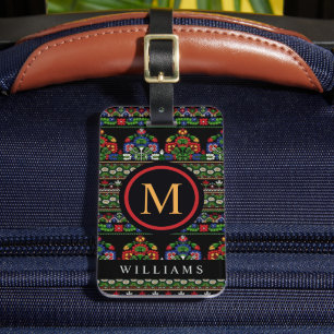 Custom Zwart Groen Rood Blauw Aztec Patroon Bagagelabel