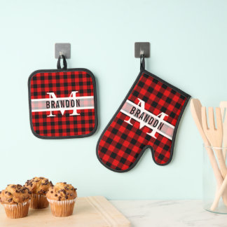 Custom Zwart Rood Buffel Lumberjack Plaid Patroon Ovenwant & Pannenlap Set