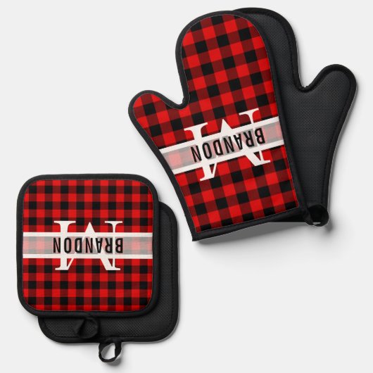 Custom Zwart Rood Buffel Lumberjack Plaid Patroon Ovenwant & Pannenlap Set (Voorkant / Achterkant)