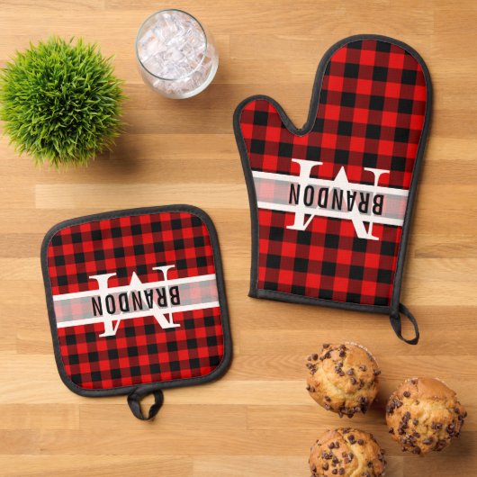 Custom Zwart Rood Buffel Lumberjack Plaid Patroon Ovenwant & Pannenlap Set (Top down)