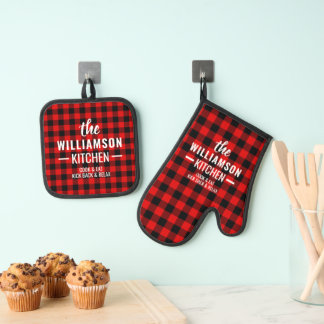 Custom Zwart Rood Buffel Lumberjack Plaid Patroon Ovenwant & Pannenlap Set