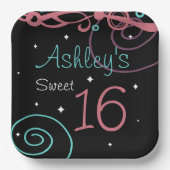 Custom Zwart Sweet 16 Verjaardagsfeestje Borden Papieren Bordje (Voorkant)