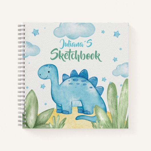 Customizable Blue Dinosaur Sketchbook Notitieboek (Voorkant)