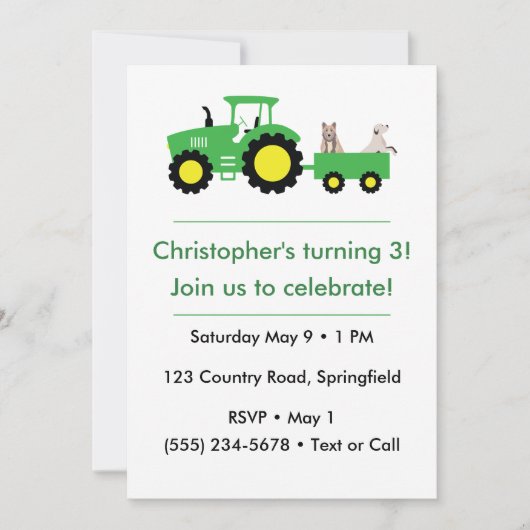 Customizable Farm Tractor Birthday Invitation Kaart (Voorkant)
