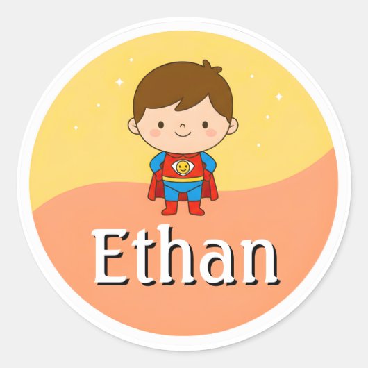 Customizable Kids Name Sticker – Smiley Superhero (Devant)