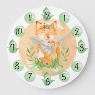 Customizable Leaf Baby Fox Nursery Clock Large Grote Klok