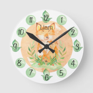 Customizable Leaf Baby Fox Nursery Clock Medium Ronde Klok