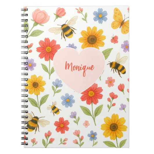 Customizable Pink Orange Floral and Bee Pattern  Notitieboek (Voorkant)