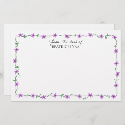 Customizable Purple Floral Briefpapier (Voorkant / Achterkant)