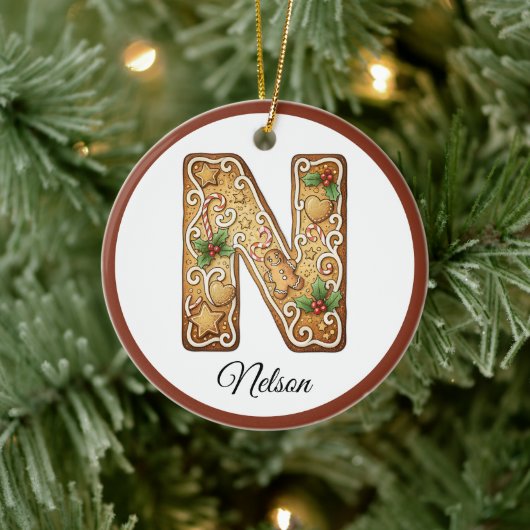 Customize Christmas Gingerbread Letter N Monogram Keramisch Ornament (Boom)