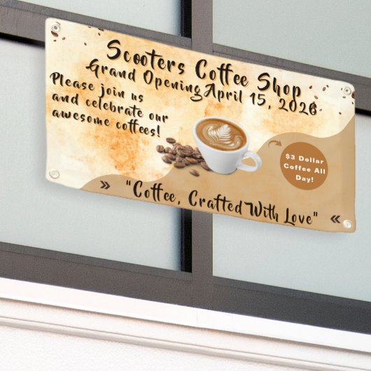 Customize Coffee Shop Grand Opening Special Day Spandoek (Buitenkant Gebouw)