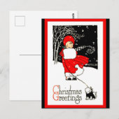 Cute 1920's kerstmeisje Muff Dog Red Copy Briefkaart (Voorkant / Achterkant)