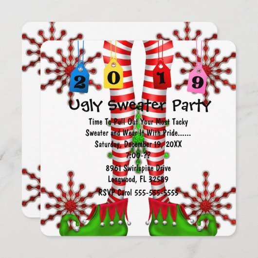 Cute 2019 Elf Stocking Chritmas Party Invite Kaart (Voorkant / Achterkant)