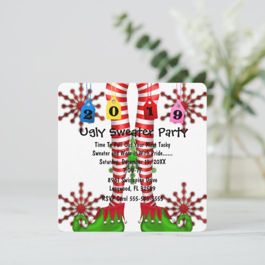 Cute 2019 Elf Stocking Chritmas Party Invite Kaart (Staand voorkant)