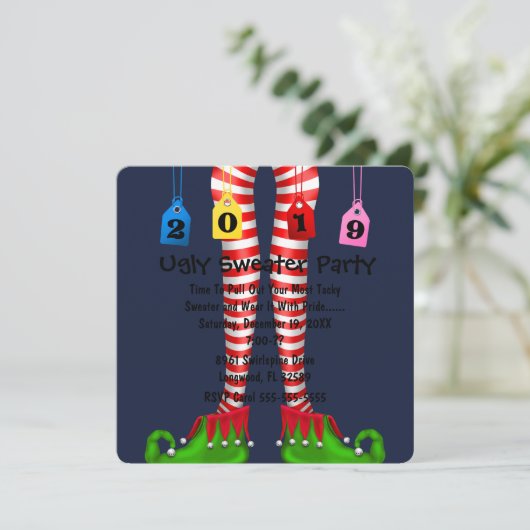 Cute 2019 Elf Stocking Chritmas Party Invite Kaart (Staand voorkant)