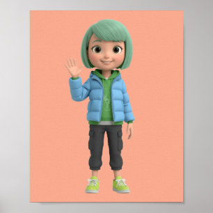 Cute 3D Anime Meisje Golvende Karakter Kunst Poste Poster