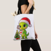 **Cute 3D Green Alien in Santa Hat with Hot Chocol Draagtas (Dichtbij)