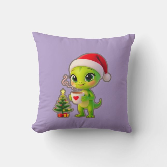 **Cute 3D Green Alien in Santa Hat with Hot Chocol Kussen (Voorkant)