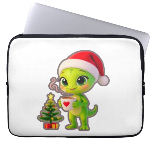 **Cute 3D Green Alien in Santa Hat with Hot Chocol Laptop Sleeve (Voorkant)