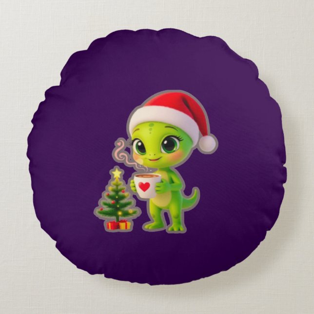 **Cute 3D Green Alien in Santa Hat with Hot Chocol Rond Kussen (Voorkant)