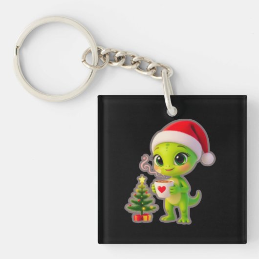 **Cute 3D Green Alien in Santa Hat with Hot Chocol Sleutelhanger (voorkant)