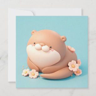 Cute 3D Klei Otter met Roze Bloemen Ansichtkaart
