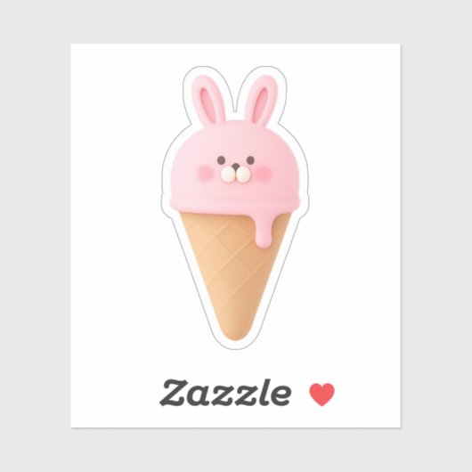 Cute 3D Pink Bunny Ice Cream Cone Sticker (Feuille)