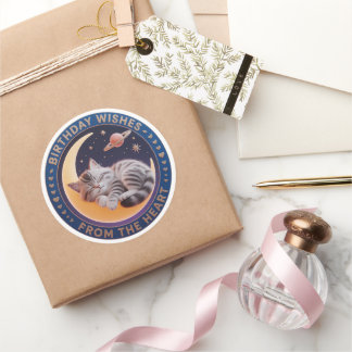 Cute 3D Sleeping Cat on Moon Birthday Wishes Round Ronde Sticker