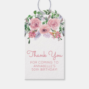 Cute 50th Birthday Pink Floral Bouquet Waterverf Cadeaulabel
