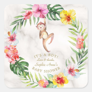 Cute Aap Tropisch Bloem Meisje Babyfeestje Vierkante Sticker