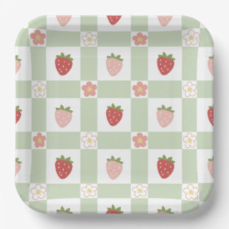 Cute Aardbei Geruite Kinderverjaardag Papieren Bordje