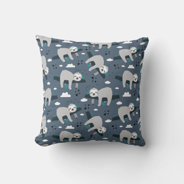 cute adorable gray sloth pattern blue background kussen (Voorkant)