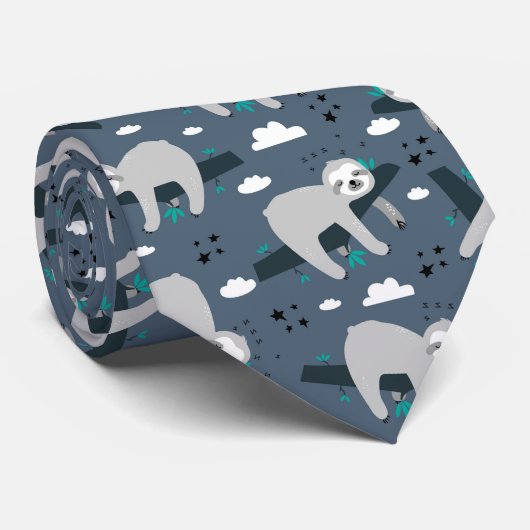 cute adorable gray sloth pattern blue background stropdas (Opgerold)
