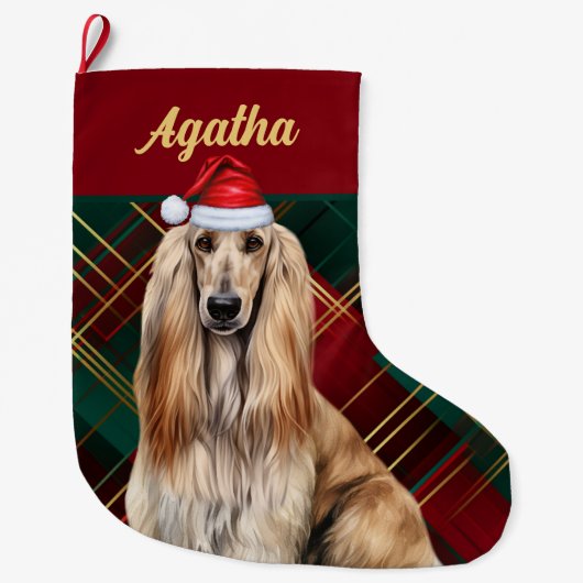 Cute Afghan Hound Dog Holiday Plaid Personalized Grote Kerstsok (Voorkant)