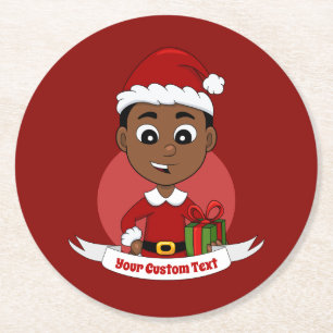 Cute African American Kerstboy cartoon Ronde Kartonnen Onderzetter
