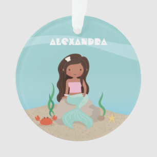 Cute African American Little Mermaid Girl Ornament