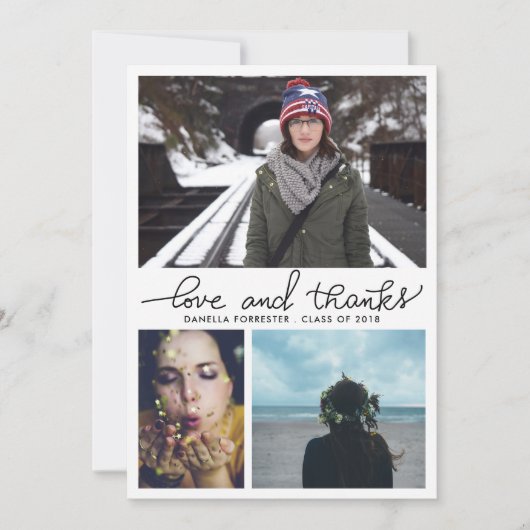 Cute Afstuderen Love and Bedankt Script Three Phot Kaart (Voorkant)