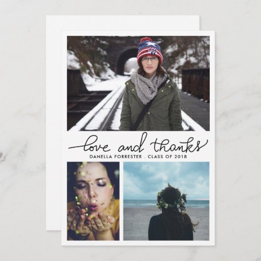 Cute Afstuderen Love and Bedankt Script Three Phot Kaart (Voorkant / Achterkant)