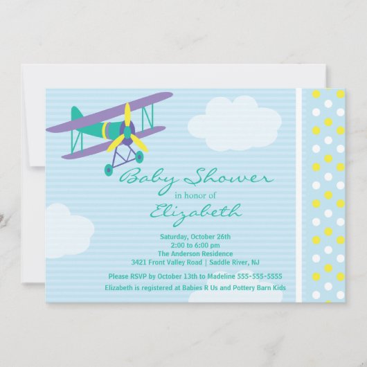 Cute Airplane Boy Baby shower Invitation Kaart (Voorkant)
