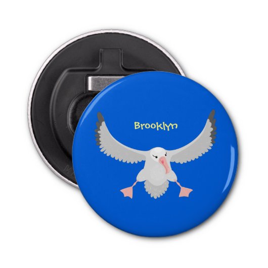 Cute albatross vogelvliegende cartoon illustratie button flesopener (Voorkant)