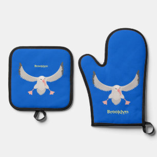 Cute albatross vogelvliegende cartoon illustratie ovenwant & pannenlap set