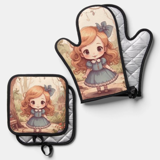 Cute Alice in Wonderland Whimsical Woodland Art Ovenwant & Pannenlap Set (Voorkant / Achterkant)