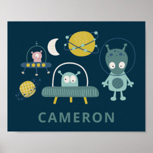 Cute Alien Space Planets Funny Blue, op maat gemaa Poster