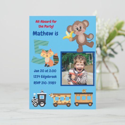 Cute All Aboard Oerwoud Theme 5th Birthday Party Kaart (Staand voorkant)