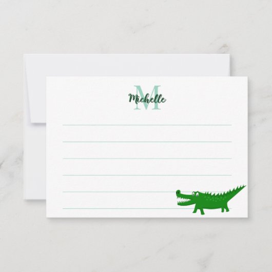 Cute Alligator Drawing Lined Monogram Custom Notitiekaartje (Voorkant)