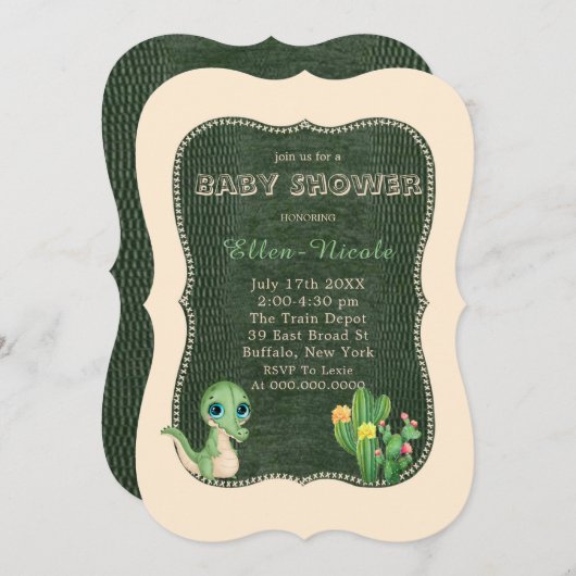 Cute Alligator Groene Cactus Baby Shower Uitnodigi Kaart (Voorkant / Achterkant)